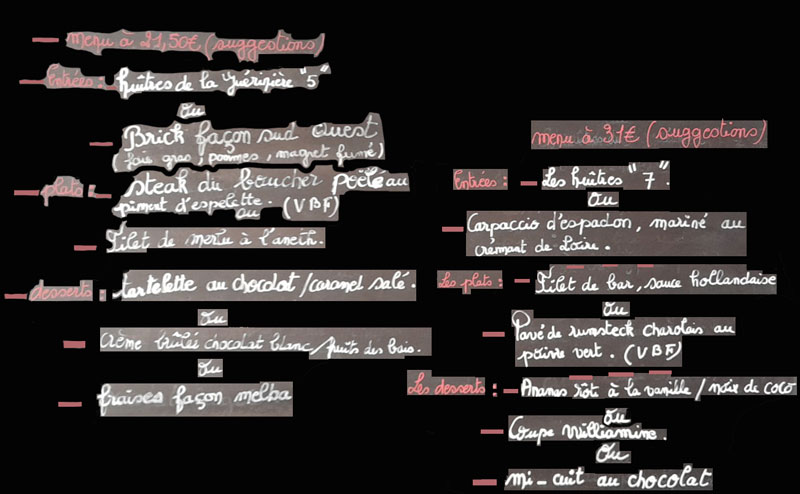 photo of ardoise with menu options from June 2023